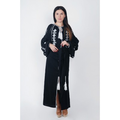 Boho Style Ukrainian Embroidered Maxi Broad Dress Black with White Embroidery