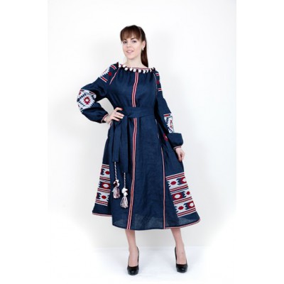 Boho Style Ukrainian Embroidered Maxi Broad Dress Dark Blue with White/Red Embroidery