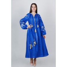 Boho Style Ukrainian Embroidered Maxi Broad Dress Electric Blue with White/Black Embroidery
