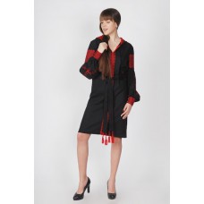 Boho Style Ukrainian Embroidered Classic Dress with Hood Black with Red Embroidery