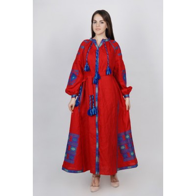 Boho Style Ukrainian Embroidered Maxi Broad Dress Red with White/Blue Embroidery