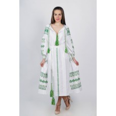 Boho Style Ukrainian Embroidered Maxi Broad Dress White with Green Embroidery