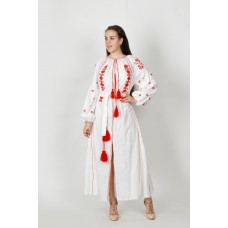 Boho Style Ukrainian Embroidered Maxi Broad Dress White with Red Embroidery