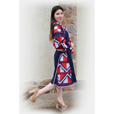 Boho Style Ukrainian Embroidered Midi Broad Dress Blue with Red/White Embroidery