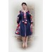 Boho Style Ukrainian Embroidered Midi Broad Dress Blue with Red/White Embroidery