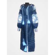 Boho Style Ukrainian Embroidered Midi Narrow Dress Blue with White/Blue Embroidery
