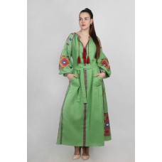 Boho Style Ukrainian Embroidered Maxi Broad Dress Green with Orange/Blue Embroidery