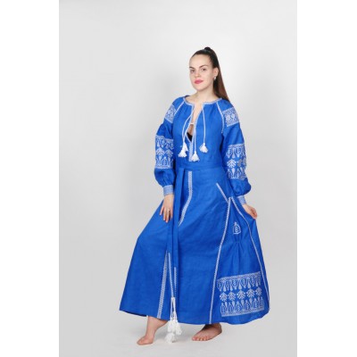 Boho Style Ukrainian Embroidered Maxi Broad Dress Blue with White Embroidery