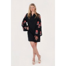 Boho Style Ukrainian Embroidered Mini Dress Black with White/Red Embroidery