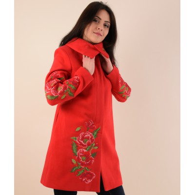 Embroidered coat "Poppy Bouquet" Plus size, red