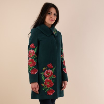 Embroidered coat "Poppy Bouquet" Plus size, dark green