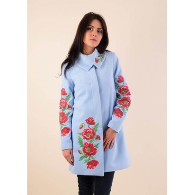 Embroidered coat "Poppy Bouquet" Plus size, sky blue