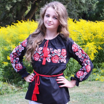 Embroidered blouse "Roses Red on Black"