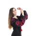 Boho Style Ukrainian Embroidered Folk  Blouse "Boho Birds" red/blue on black