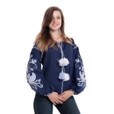 Boho Style Ukrainian Embroidered Folk  Blouse "Boho Birds" white on navy