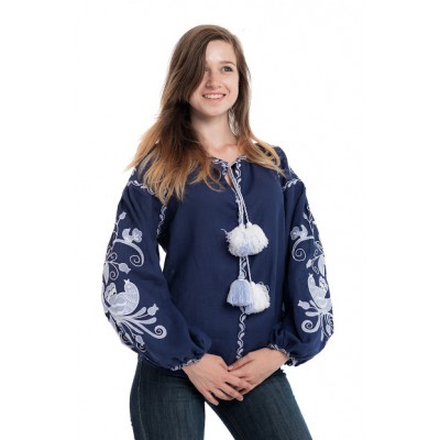 Boho Style Ukrainian Embroidered Folk  Blouse "Boho Birds" white on navy