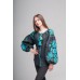 Boho Style Ukrainian Embroidered Folk  Blouse "Boho Birds" blue/green on black