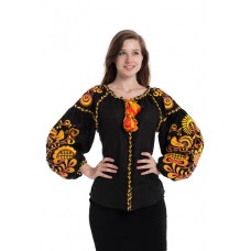 Boho Style Ukrainian Embroidered Folk  Blouse "Life Tree" orange on black