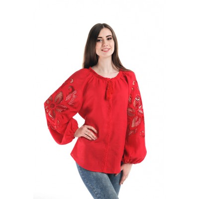 Boho Style Ukrainian Embroidered Folk  Blouse "Richelieu" red