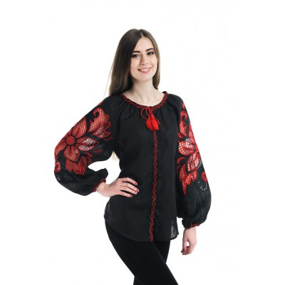 Boho Style Ukrainian Embroidered Folk  Blouse "Richelieu" red on black