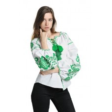 Boho Style Ukrainian Embroidered Blouse "Tree of Life" green on white