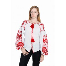 Boho Style Ukrainian Embroidered Blouse "Tree of Life" red on white