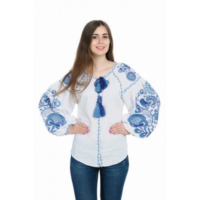 Boho Style Ukrainian Embroidered Blouse "Tree of Life" blue on white
