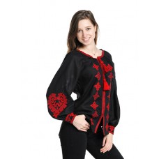 Boho Style Ukrainian Embroidered Blouse "Heart" red on black
