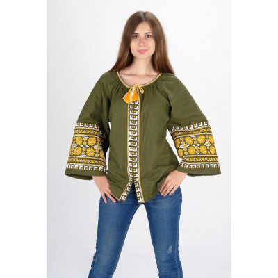 Boho Style Ukrainian Embroidered Blouse "Carpathian Flower" yellow on olive