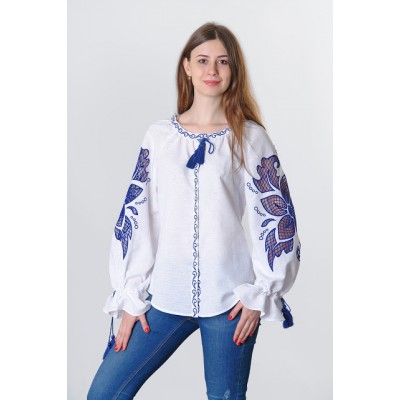 Boho Style Ukrainian Embroidered Folk  Blouse "Richelieu" blue on white