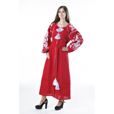 Boho Style Ukrainian Embroidered Dress "Boho Birds Plus" white on red 