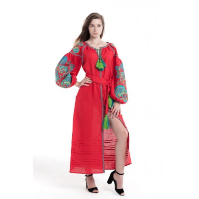 Boho Style Ukrainian Embroidered Dress "Life Tree" green/blue on red