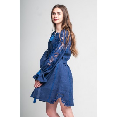 Boho Style Ukrainian Embroidered Dress "Richelieu" blue