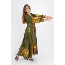 Boho Style Ukrainian Embroidered Dress "Carpathian Flower" yellow on olive