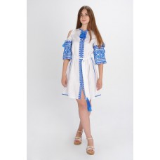 Boho Style Ukrainian Embroidered Dress "Carpathian Flower Summer" blue on white