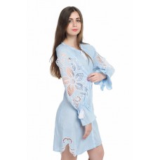 Boho Style Ukrainian Embroidered Dress "Richelieu" gentle blue