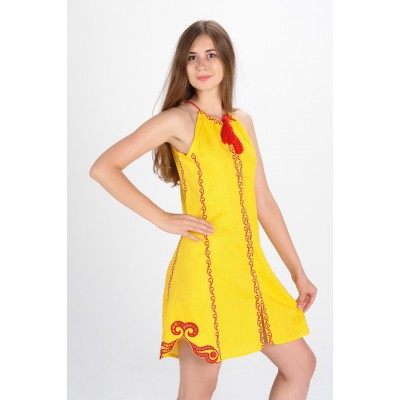 Sleeveless Ukrainian Embroidered Mini Dress "Mavka" yellow