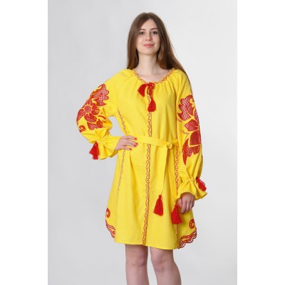Boho Style Ukrainian Embroidered Dress "Richelieu" yellow