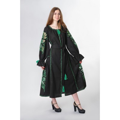 Boho Style Ukrainian Embroidered Dress "Richelieu" maxi green on black