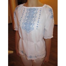Embroidered  blouse "Shining Moon Blue on White 1/2 sleeve"