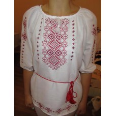 Embroidered  blouse "Shining Moon Red on White 1/2 sleeve"