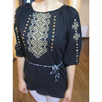 Embroidered  blouse "Shining Moon Bronze on Black 1/2 sleeve"