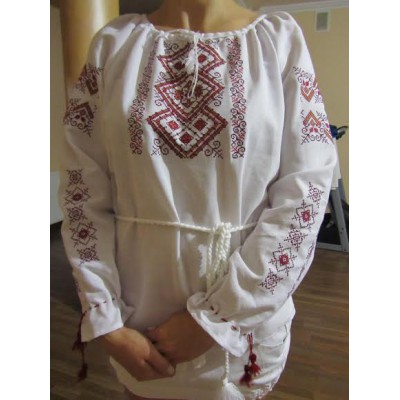 Embroidered  blouse "Ornaments Brown&Red on White"
