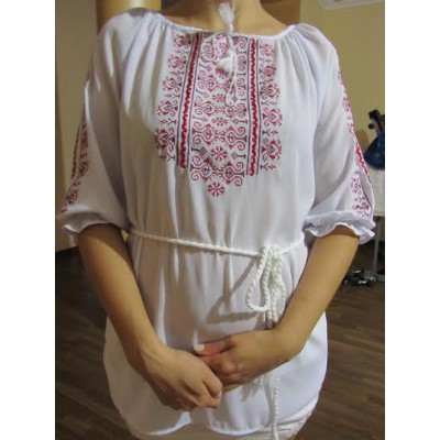 Embroidered  blouse "Oriental Curves Red on White"